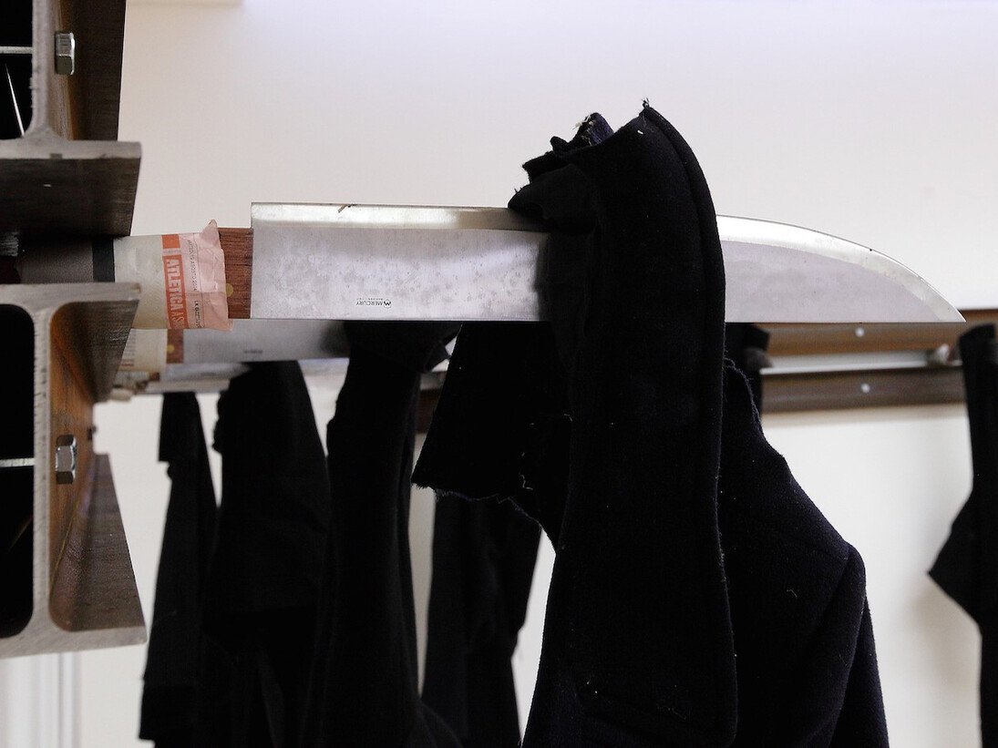 Jannis Kounellis, Untitled, 2014, iron beams, knives and torn coats, variable dimensions, installation view at Sprovieri, London, courtesy of the artists and Sprovieri, London, photo by Bastien Choury
