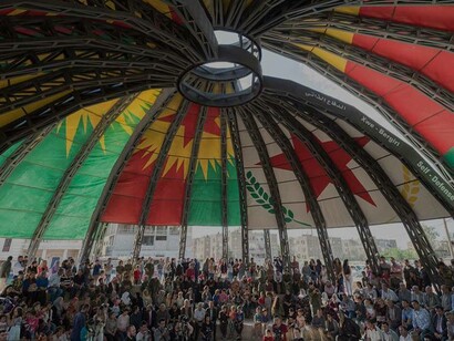 A public parliament in the city of Derîk, Cezîre Canton, in Rojava, constructed in 2018 (Photo by Firat News Agency) 