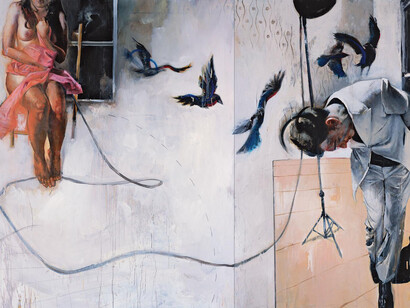 Jason Shawn Alexander,No Good At Exits, 2014. Ink, acrylic, oil, and paper on canvas, 60 x 100 in. Courtesy of 101/Exhibit