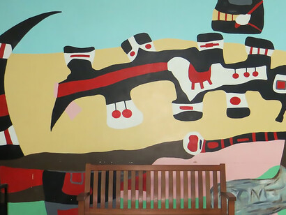 Tumatumari (1970) by Aubrey Williams. This painting is part of the Timehri series of murals at the Cheddi Jagan International Airport 