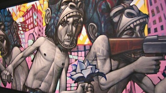 John Park, “Emergency Procedures” (detail), mixed media on wood, 60″x 48″