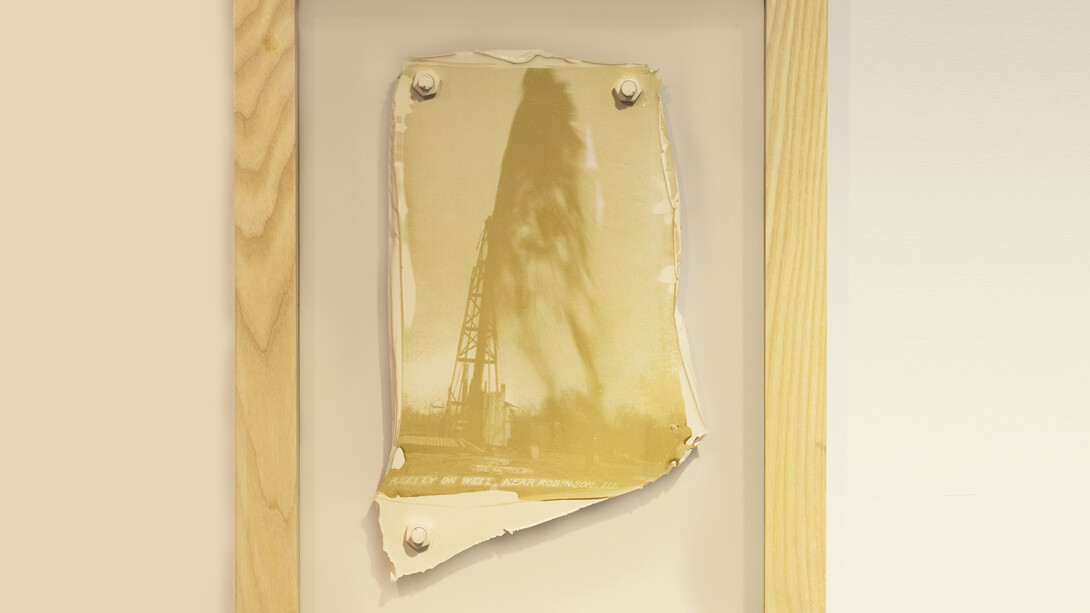 Keeley Oil Well, Robinson, Ill 1910, 2013. Illinois crude oil and varnish on industrial floor paint with cast paint nuts and bolts