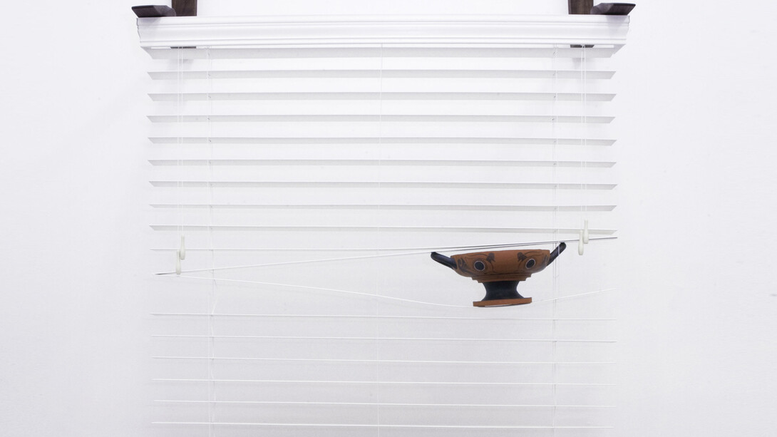 Cammie Staros, Shadow Side, Ceramic, wood, blinds, 48" x 18" x 64". Courtesy of the Artist and Ghebaly Gallery, Los Angeles