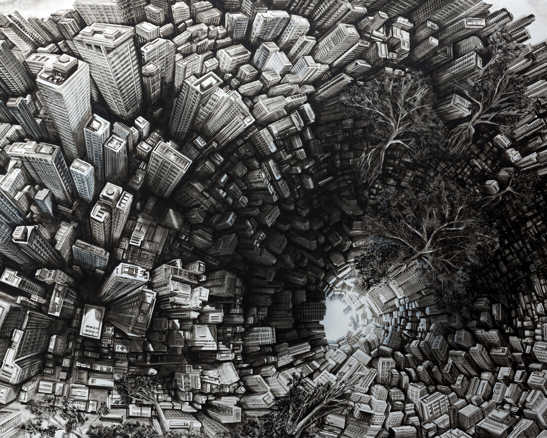 Fabio Giampietro, HPS The Downward 2017, sottrazione di colore ad olio su tela, cm. 300x200.