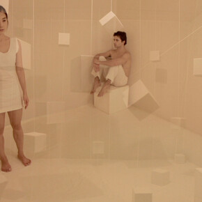 Bongsu Park, CUBE, 2011, twin screen HD video - Cube performance (left), Cube room (right)3'00'', Editions of 3, 2 AP