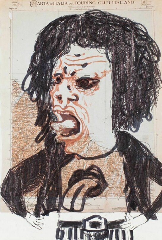 Paul Housley, Mick Jagger drawing, 1996, mixed media on Schnabel page, Copyright the Artist, Photographs courtesy of Belmacz