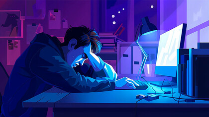 Animação de homem exausto. Quantos de nós não deixamos de dormir para mais umas horinhas no trabalho?