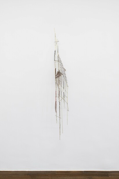 Covey Gong,
NW298, 2023,
brass, tin, copper, assorted fibers,
76h x 11w x 6 1/2d in,
193.04h x 27.94w x 16.51d cm. Courtesy of the artist and Adams and Ollman Gallery