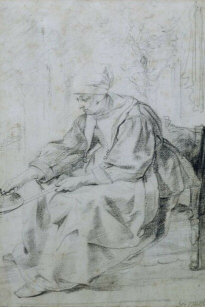 Gabriel Metsu, La Faiseuse de crêpes . Pierre noire. 27,2 x 19,9 cm. Paris, Petit Palais (Musée des Beaux-Arts de la Ville de Paris) © RMN-Grand Palais / Agence Bulloz