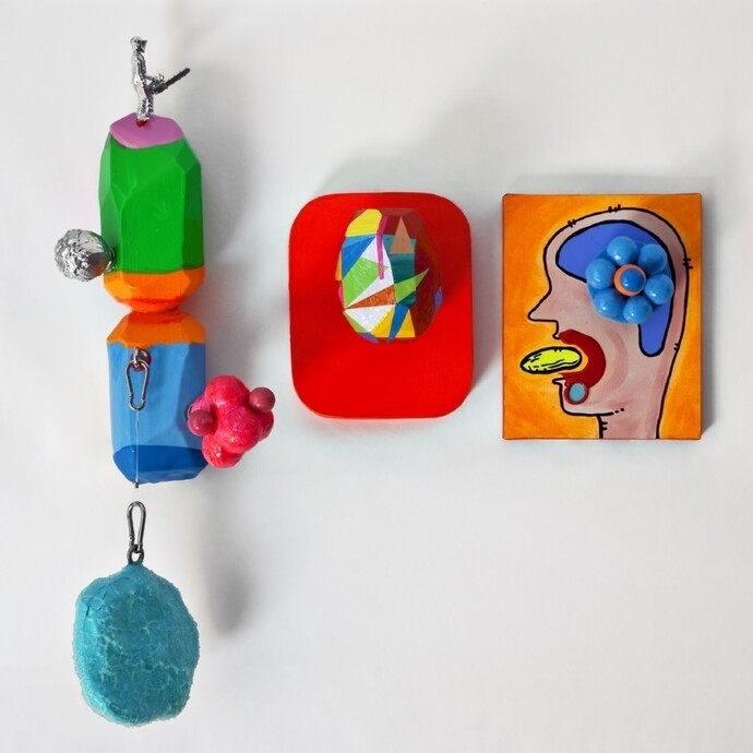 Enrico T. De Paris, Pezzo di universo, 2014, 62 x 70 x 17 cm, wood structure, polyurethane shape, pirex glass bottle, wood, pvc figures, acrylic colour, synthetic paint