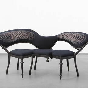 Sebastian Brajkovic, Conversation Piece, 2015, patinated bronze, cashmere wool, silk embroidery, h81 l181 w80 cm / h33.8 l73.03 w33.7 in, limited edition of 8 + 4 ap, Courtesy Carpenters Workshop Gallery