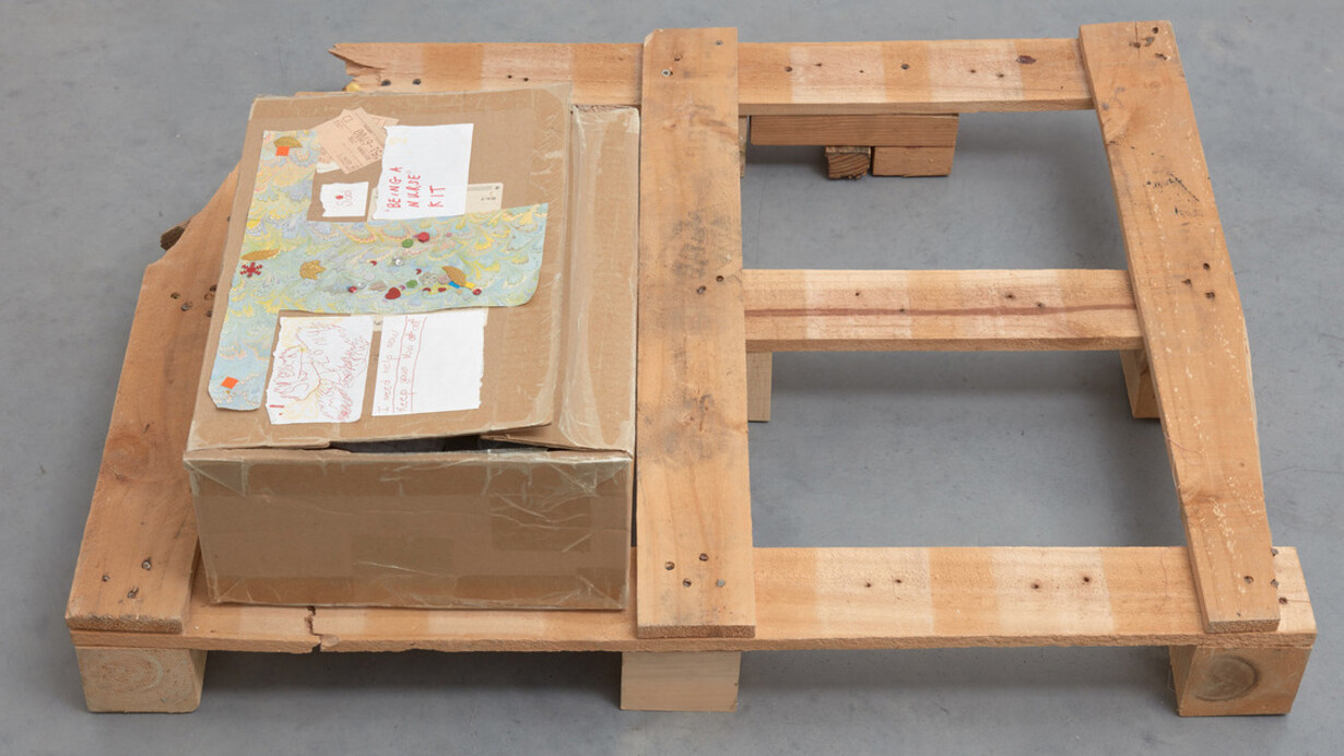 Susan Cianciolo, Being a Nurse Kit, 2015, cardboard boxes with wood blocks, popsicle sticks, drawings, photographs, fabricated insect wings, nurse costume, 35.5 x 93.5 x 54.5 cm, 14 x 36 3/4 x 21 1/2 ins, (MA-CIANS-00011) courtesy Stuart Shave/Modern Art, London