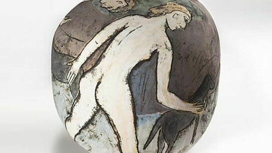 Nancy Baldwin and Gordon Baldwin, Sea Bathers and Dog, white clay, pigment, glaze