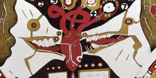 "Sie sagt, sie kommt – aber sie kommt nicht." Bilderbogen aus der Serie "Abschied von Verena"
Horst Janssen (1929-1995)1969 Hamburg Strichätzung 62 x 81,5 cm