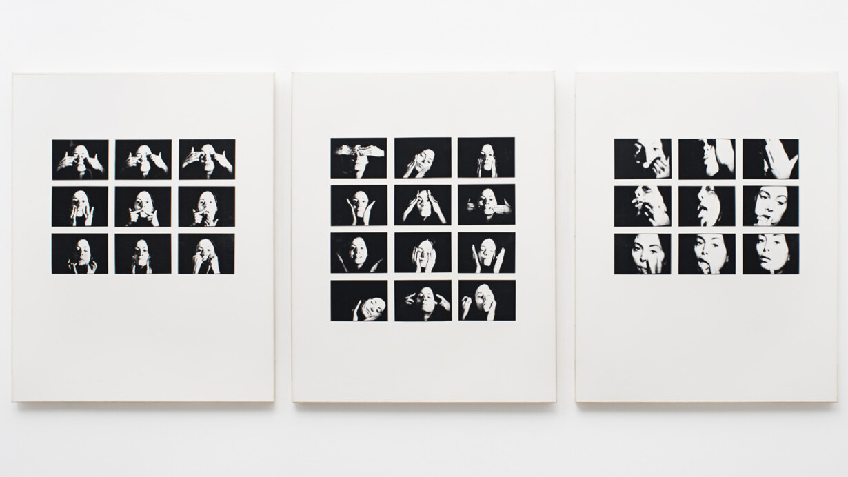 Hannah Wilke, Gestures (Triptych), 1974-76, 30 vintage black and white photographs in 3 frames, 102.2 x 82.5 cm, 40 1/4 x 32 1/2 ins framed, each. Courtesy Alison Jacques Gallery, London and Hannah Wilke Collection and Archive, Los Angeles. © Marsie, Emanuelle, Damon and Andrew Scharlatt, Hannah Wilke Collection & Archive, Los Angeles. Licensed by VAGA, New York, NY/ DACS, London.