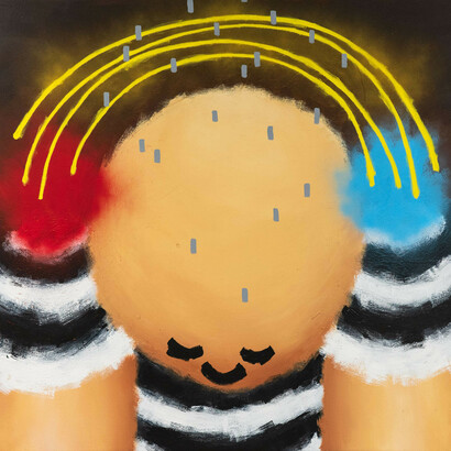 You and Me and The Devil Makes Three, 2019, Acrylic, oil stick and spray paint on canvas