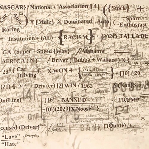 Gabriel Delgado, Bubba Wallace, ink and graphite on Strathmore watercolor paper mounted on canvas, 48x48x2.50 in