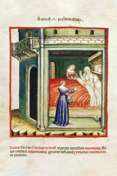 Terapia a base di zuppa d’orzo. Miniatura da Theatrum sanitatis di Ububchasym de Baldach. XI sec., Codice 4182 della Biblioteca Casanatense di Roma.