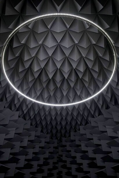 Haroon Mirza, The National Apavilion of Then and Now, 2011, Installation view, ILLUMinations, Venice Biennale, Venice, 2011, Equilateral triangular anechoic chamber, LEDs, amplifier, speakers, electronic circuit, 8.09 x 8.09 x 8.09 x 3.34 m, Courtesy of the artist and Lisson Gallery. Photo Omar Mirza