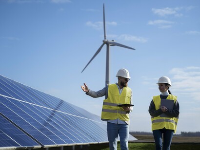 Under a bright blue sky, two solar professionals inspect solar panels, offering a sustainable alternative to fossil fuels
