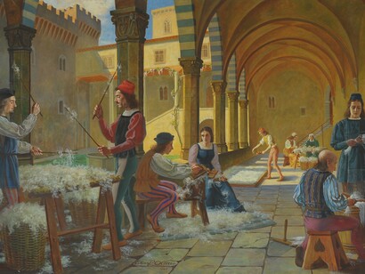 Ettore Pistoletto Olivero, La battitura e la cardatura delle lane, Sala quadri del Lanificio Zegna, 1948, olio su tela, 330 x 230 cm