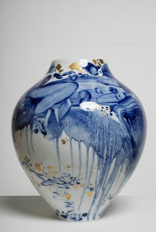 Vase No. 9, 2008, porcelain, hand painted by the artist with gold highlights, 14 x 11 x 11 inches