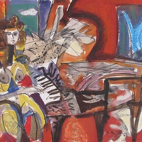 David McClure, Girl and Piano (red), 1981, collage on card, 20.5 x 28 cm