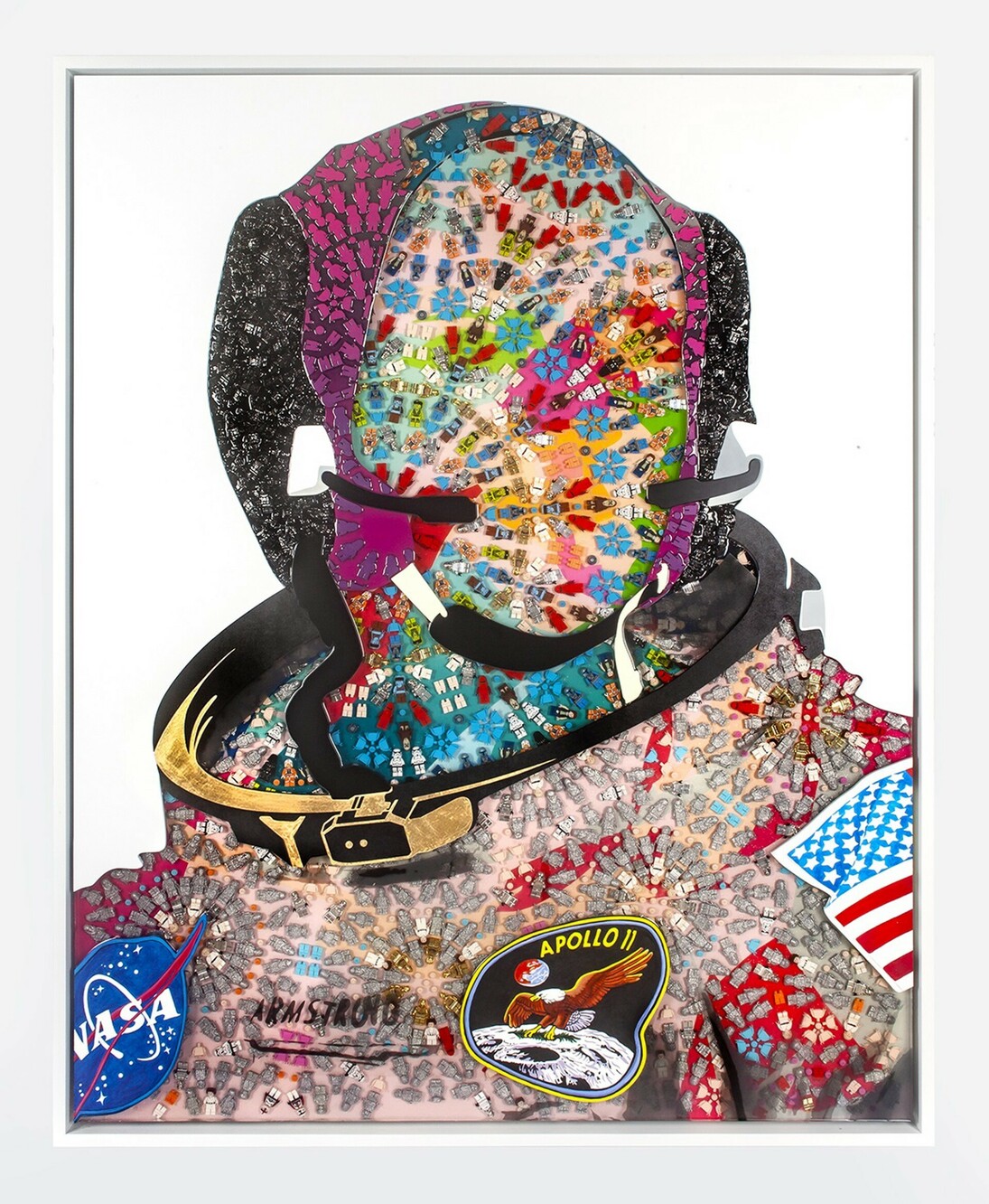 Miss Bugs, We choose to go to the moon, not because it's easy, but because it is hard, Lego figures cast in resin on wood and aluminium with 24-carat gold leaf, 66.93x53.54x2.95 in