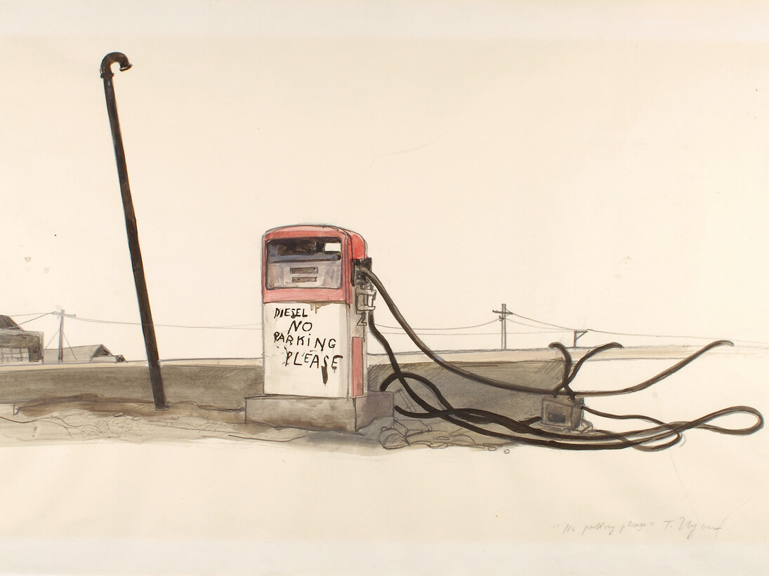 Tomi Ungerer, No Parking Please, 1971‐1983 (drawing for Slow Agony, first published 1983 at Diogenes Verlag AG, Zürich)
Black grease pencil, black ink and colored ink wash on paper, 23 3/5 x 35 inches (60 x 89 cm), Collection Musée Tomi Ungerer – Centre international de l’Illustration, Strasbourg. © Tomi Ungerer/ Diogenes Verlag AG Zürich. Musées de la Ville de Strasbourg / Mathieu Bertola