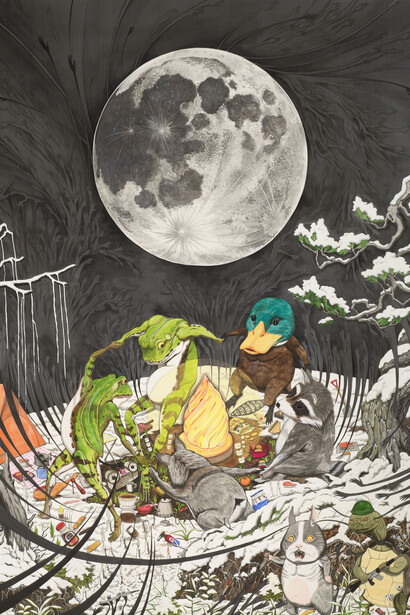 Hun Kyu Kim Dancing In The Moonlight (Winter Night), 2018    Traditional oriental pigment on silk 122 x 92 cm (48 x 36 1/8 in.) 
Photography: © Peter White
