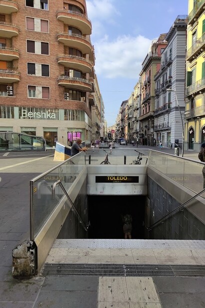 From the exterior, Toledo Station reveals a captivating architectural installation designed by Óscar Tusquets Blanca, Naples, Italy