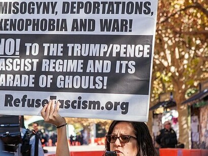 Woman part of the BAMN movement, protesting hate speech, Berkeley, USA, 2017