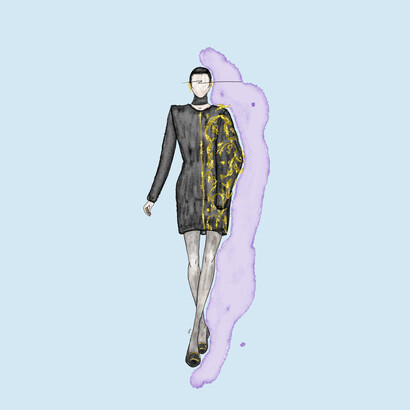 Disegno digitale di uno degli abiti della sfilata di alta moda del marchio Schiaparelli del 2022, realizzato utilizzando diversi pennelli e imitando la tecnica dell'acquerello