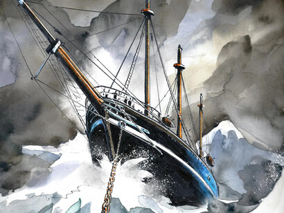 A graphic tale of shipwreck. Rediscovering South Australian, artwork in exhibition. Courtesy of the Australian National Maritime Museum