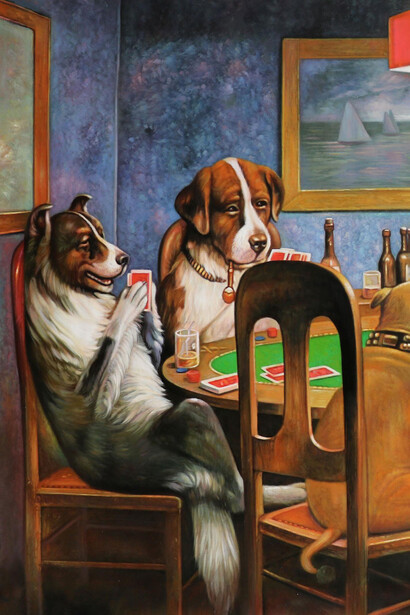 Cassius Marcellus Coolidge, Un amigo en necesidad (detalle) (1903), Serie Perros jugando al póker