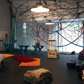 Sheila Pepe, When and where we rest, exhibition view. Courtesy of Tang Museum