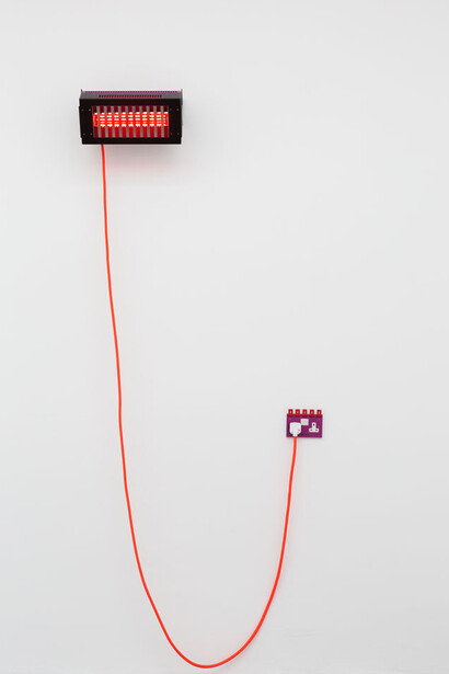 Natalie Dray, Infrared Fuchsia, 2015, Lamp holder, Ruby Jacketed Lamp,Ceramic Connector,1.5mm 3 core butyl flex, M20 Cable Gland, Rugged Plug Top, Powder coated Steel, Stainless steel + universal burning position, 1500W Face-Lift Contactum V1, 2015, 2 Gang Double Switched Socket, Aluminium, Brass, Steel, Powder Coat + 2 pole and thermoset + 25 year guarantee, replaceable, 220-250V Cool Neutral, 2015, 5 Bladed Dynamic Aluminium Fan, Multifit Motor, 3 core 1mm Flex, Rugged Plug Top, Powder Coated Steel + extended life, 1300rpm 10W / 50Hz. Image courtesy the artist and Cell Project Space, London. Photo: Mariell Amélie