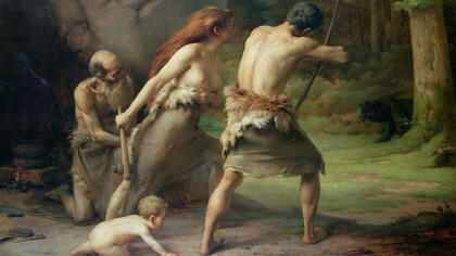 Prehistoric Man Hunting Bears, 1832 (oil on canvas)