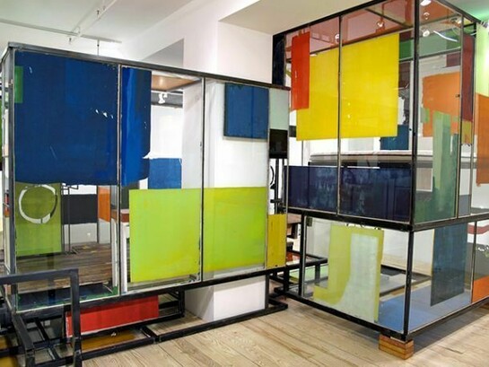 Rob Fischer, Good Weather (Glass House), 2014, glass, steel, screenprint ink, acrylic and latex paint, construction adhesive, wood, floor, lights, wires, 175 x 223 x 126 inches