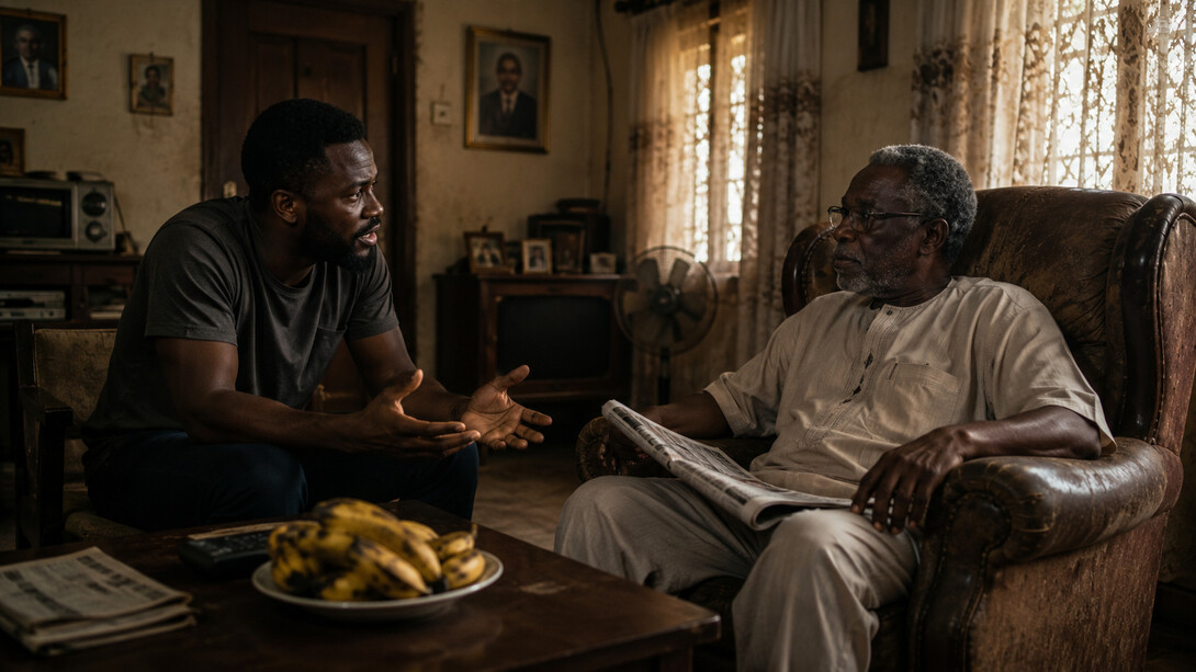 A son voicing his frustrations while his father responds with composure, showing the power of reflection over reaction