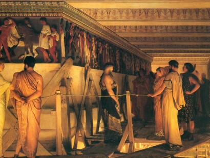 « Fidias mostrando el friso del Partenón a Pericles, Aspasia, Alcibíades y amigos» (1868), Lawrence Alma-Tadema