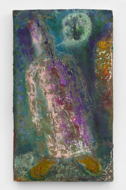 John Lees, Old Mountebank, 2015; oil and traces of white conté crayon, 25x14 inches. Courtesy of New Document, 2023
