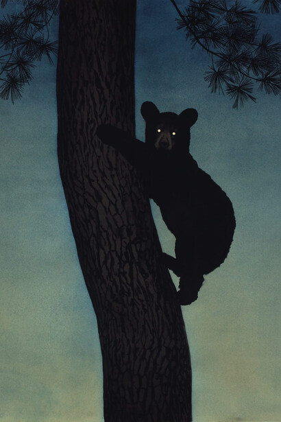 Casey Roberts, Cub in tree, detail. Cyanotype and acrylic on paper, 42 x 42 inches, 50-1/2 x 50-1/2 inches framed. Courtesy of Momentum Gallery