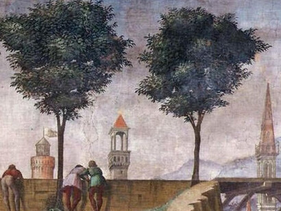 Domenico Ghirlandaio, Cappella Tornabuoni, Visitazione con i tre personaggi di spalle, particolare