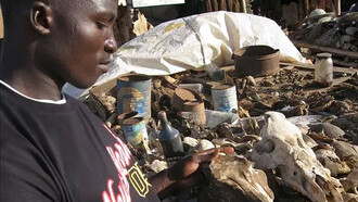 Médecine traditionnelle en Afrique. Pour connaître l'issue d'une maladie grave, le guérisseur se livre souvent à des expériences qui lui permettent d'affirmer, sans se tromper, du reste, si le malade doit survivre ou non à sa maladie
