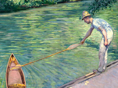 Gustave Caillebotte (Parigi 1848 – Gennevilliers 1894). Uomo che attracca la canoa (A Man Docking His Skiff), 1878. Olio su tela, 73,7x92,7 cm. Virginia Museum of Fine Arts, Collection of Mr. and Mrs. Paul Mellon, 83.13. Image © Virginia Museum of Fine Arts