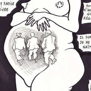 Trois Polonais traversent une rue, planche 12/12, marqueur, 21 x 29,7 cm, courtesy of galerie Anne Barrault