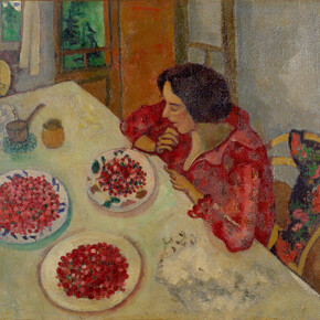 Les fraises ou Bella et Ida à table, 1916, Huile sur carton marouflé sur toile, 45,5 x 59,5 cm, Collection particulière. Photo © Ewald Graber © Marc Chagall, Vegap, Bilbao 2018