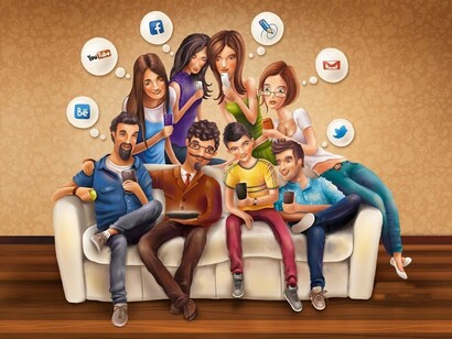 Amigos rodeados de redes sociales