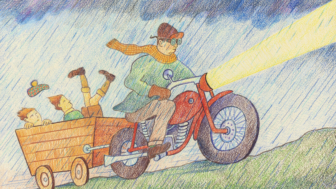 Glen Baxter, At The First Sign Of Summer We Set Off For A Family Picnic On The Moors, 2017, Ink and crayon on paper (c) Glen Baxter, courtesy of Flowers Gallery